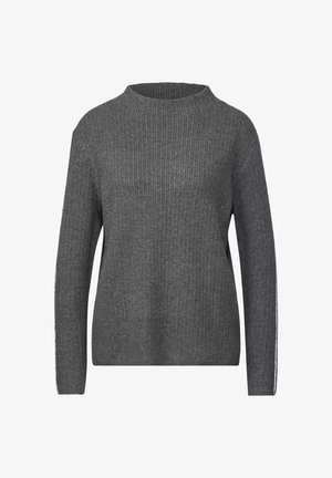 Grau gerippter Pullover mit hohem Kragen, langen Ärmeln und geradem Schnitt. Verfügt über eine weiche Textur und ein minimalistisches Design.