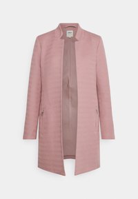 Lång, rosa kvinnaöppen framkappa med subtil chevronstruktur, ståkrage och dragkedjefickor på sidorna.