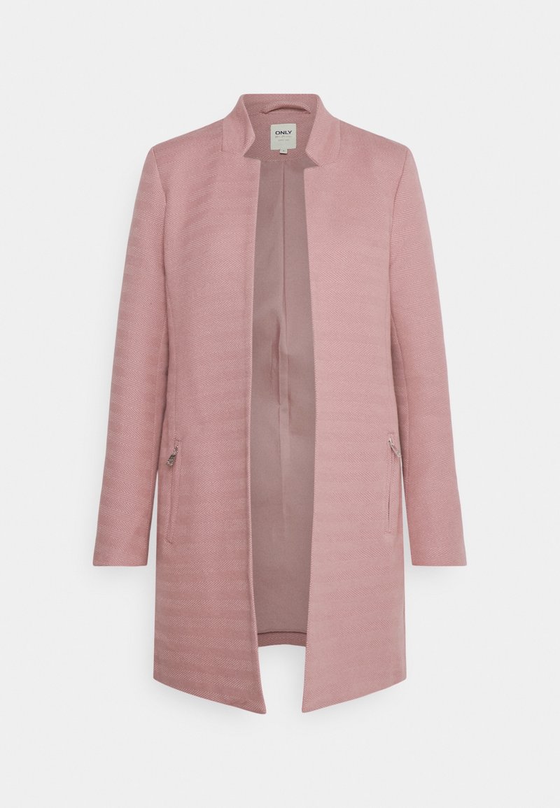 Lång, rosa kvinnaöppen framkappa med subtil chevronstruktur, ståkrage och dragkedjefickor på sidorna.