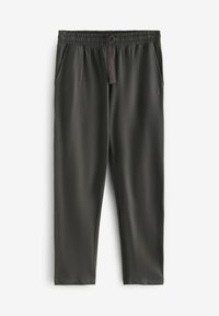 Pantaloni sportivi de culoare gri închis, cu un brâu elastic, șnur, buzunare laterale, textură netedă și un design slim fit.