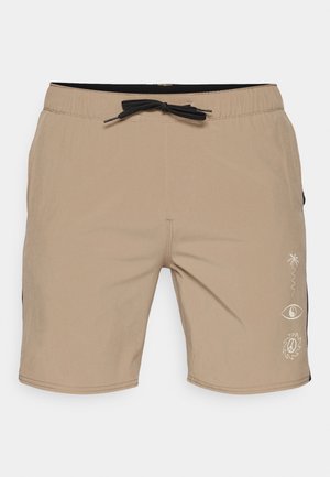 Braune Badeshorts mit schwarzem Kordelzug, ausgestattet mit Seitentaschen und weißen grafischen Designs, darunter Palmen und Symbole. Weicher Stoff.