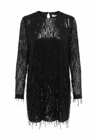 Melna kleita ar garām piedurknēm, kurai ir frizēta dizaina ar sekmēm, apaļš kakla izgriezums un kakla atvēršanas aizdare. Izgatavota no caurspīdīga auduma.