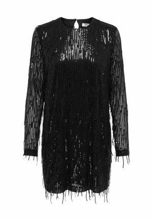 Abito lungo nero a maniche lunghe con design a frange e paillettes, scollatura rotonda e chiusura a occhiello sul retro. Realizzato in tessuto trasparente.