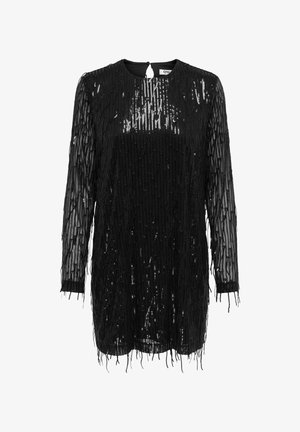 Svart långärmad klänning med fransdesign och paljetter, rund halsringning och nyckelhål bakstängning. Tillverkad av genomskinligt tyg.