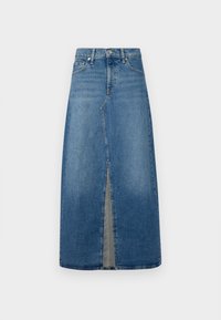 Denim midi szoknya elől hasítékkal. Feszes derékrésszel, világoskék mosással, övrögzítőkkel és klasszikus öt zsebes kialakítással rendelkezik.