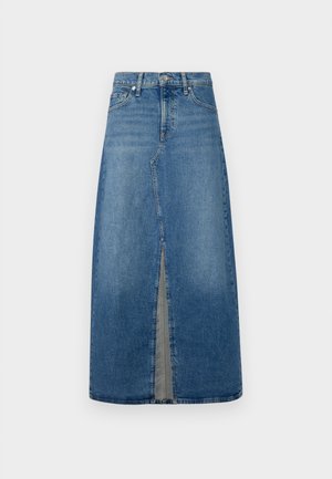 Denim midi-hame, jossa on etureikä. Siinä on istuva vyötärö, vaalea sininen pesu, vyölenkit ja klassinen viiden taskun muotoilu.