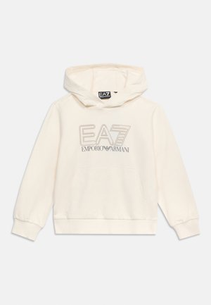 Sweat à capuche couleur crème avec poche avant et logo "EA7 Emporio Armani" gris sur la poitrine.