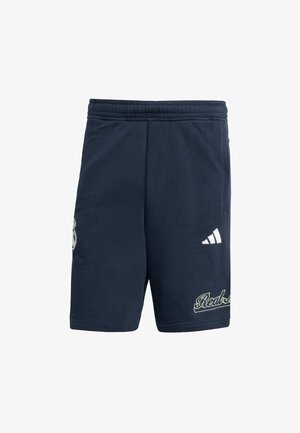 Pantaloni corti blu navy realizzati in tessuto morbido, dotati di una cintura elastica, tasche laterali e loghi ricamati in bianco e verde chiaro.