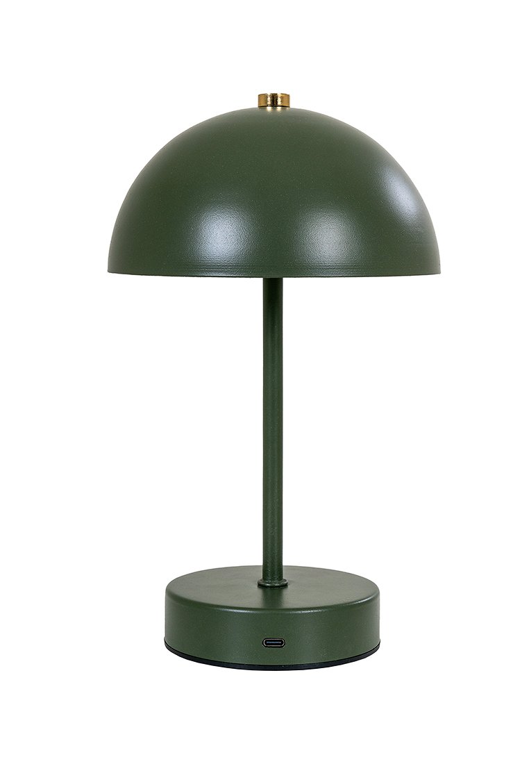 Grüne Metalllampe mit einem kuppelförmigen Schirm und einem zylindrischen Sockel. Verfügt über einen USB-Anschluss am Sockel und eine Messingakzentuierung an der Oberseite.