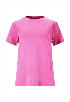 Felroze korte mouw sport T-shirt met ronde hals en een subtiel "Endurance" logo op de borst, gemaakt van glad, lichtgewicht materiaal.