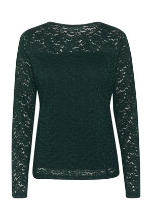 Camisolă lungă cu mâneci lungi, de culoare verde închis, cu decolteu rotund, având modele florale complicate și un aspect moale, texturat.