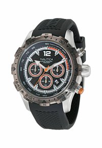 Nautica chronografas laikrodis su juodu guminiu dirželiu, nerūdijančio plieno korpusu, juodu ciferblatu, baltos ir oranžinės spalvos akcentais. Atsparus vandeniui, su tachometro žiedu.