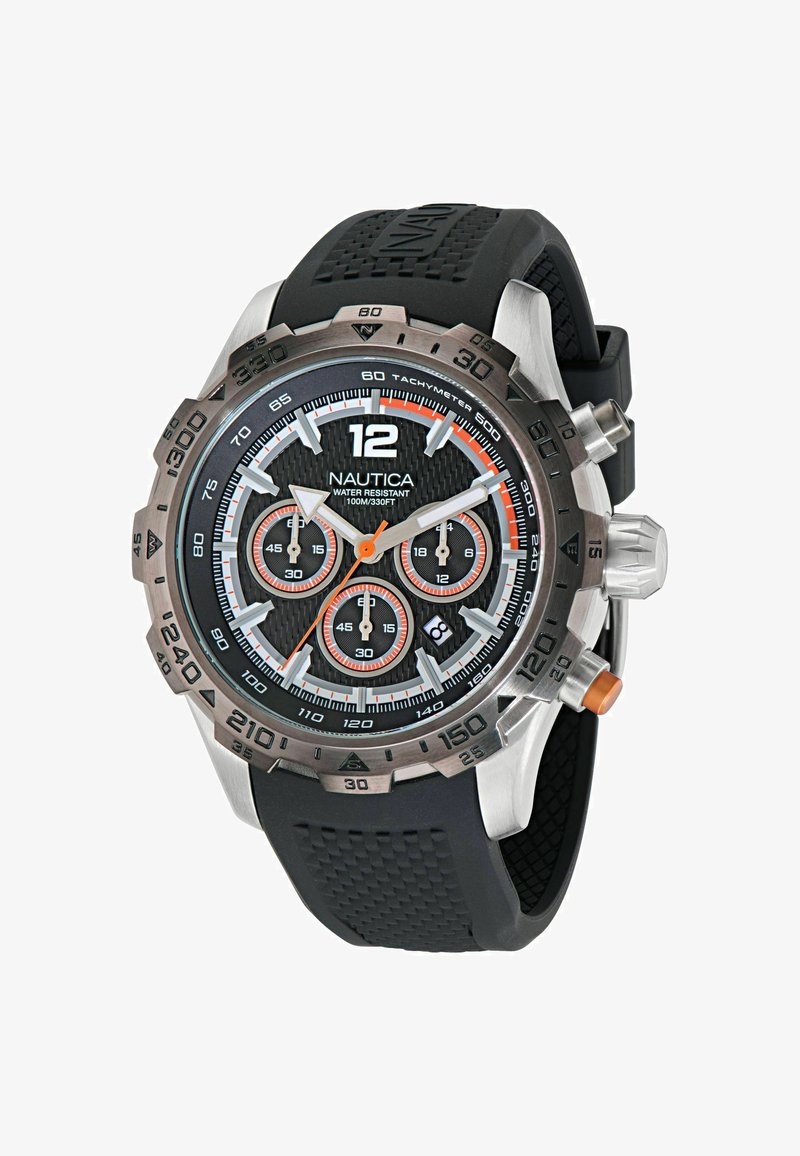 Nautica hronogrāfs ar melnu gumijas siksniņu, nerūsējošā tērauda korpusu, melnu ciparnīcu, baltām un oranžām akcentiem. Ūdensizturīgs, ar tahimetra mala.