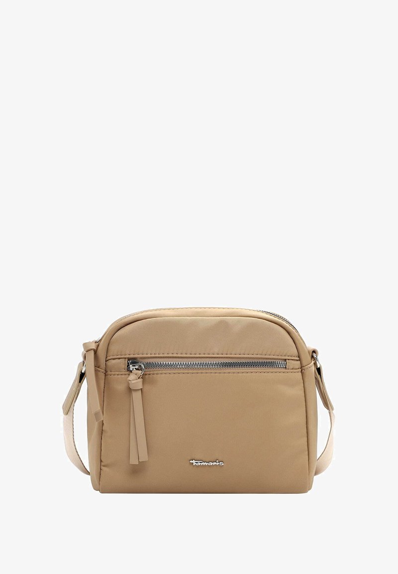 Beige Nylon Crossbody-Tasche mit einer Reißverschlusstasche an der Vorderseite, verstellbarem Tragegurt und Markenlogo. Glatte Textur und abgerundete Form.