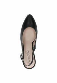 Čierne kožené slingback topánky s špicatou špičkou, ktoré majú otvorený bočný dizajn a pracku. Mäkká béžová stielka s brandingom.