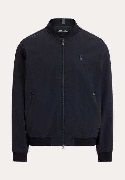 Černá bomber bunda na zip s žebrovaným límcem, manžetami a lemem, s vyšívaným logem Ralph Lauren na hrudi a rameni.