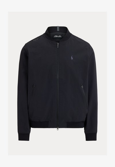 Černá bomber bunda na zip s žebrovaným límcem, manžetami a lemem, s vyšívaným logem Ralph Lauren na hrudi a rameni.