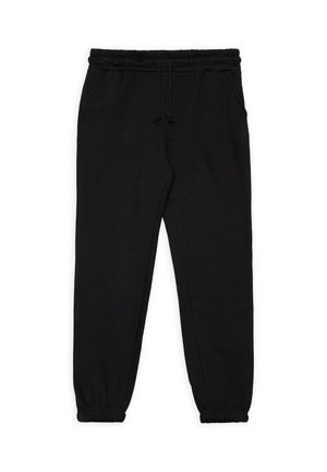 Pantalones deportivos negros hechos de una tela suave, con una cinturilla elástica con cordón, bolsillos laterales y piernas ajustadas con puños elásticos.