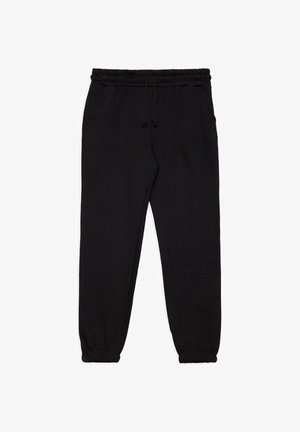 Pantalones deportivos negros hechos de una tela suave, con una cinturilla elástica con cordón, bolsillos laterales y piernas ajustadas con puños elásticos.