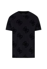 Sort bomulds t-shirt med korteærmer, der har et tonal præg logo mønster over det hele og en rund hals. Flade sømdetaljer.
