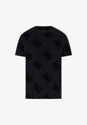 Fekete pamut póló rövid ujjakkal, tonális dombornyomott logómintával az egész felületen és kerek nyakkivágással. Lapos varrásos részletek.