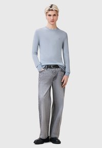 Camicia azzurro chiaro a maniche lunghe con polsini a coste, abbinata a jeans a gamba larga grigi sbiaditi e scarpe nere. Design semplice, senza motivi visibili.