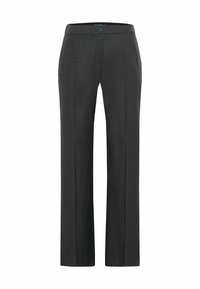 Pantalon gris sur mesure à coupe droite, doté d'une fermeture à boutons, d'une ceinture et de poches avant. Confectionné dans un tissu lisse et léger.