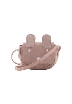 Sac en cuir suédé rose en forme arrondie, avec des oreilles de lapin, un visage brodé et une bandoulière pour un transport facile.