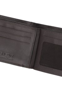 Bruine leren portemonnee interieur, met kaartsleuven en een gaas-ID-venster. Opvallende stikseldetails langs de randen en een geperst logo.