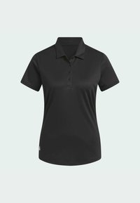 Černé polo tričko s krátkými rukávy, límečkem a zapínáním na tři knoflíky. Vyrobeno z hladkého materiálu s volným střihem.