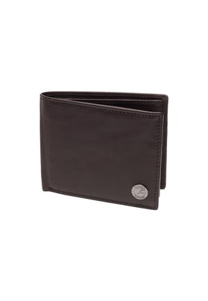 Portefeuille en cuir marron avec une texture lisse, design à deux volets et accent logo argenté. Présente des bords cousus et plusieurs emplacements pour cartes.