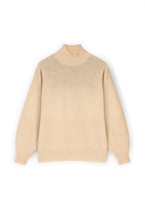 Maglione beige a maglia con collo alto a coste, maniche lunghe e un delicato motivo a pois che sfuma dalla scollatura al petto.