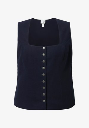 Marineblaue ärmellose Bluse mit quadratischem Ausschnitt und Knopfverschluss vorne. Mit dekorativen Knöpfen und strukturierten Seitenpaneelen.