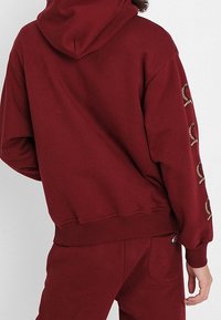 Felpa bordeaux con cappuccio regolabile, polsini e vita a costine. Decorata con piccoli ricami di rami di olive sulle maniche. Tessuto morbido.