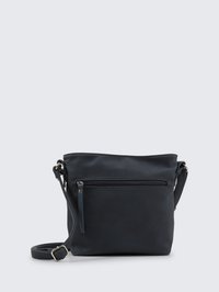 Borsa a tracolla in pelle blu scuro con finitura texturizzata, dotata di tasca frontale con zip e tracolla regolabile. Forma quadrata, design minimal.