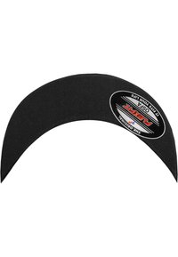 Black flex fit hat with herringbone texture, curved brim, and a circular logo tag featuring white and red text.