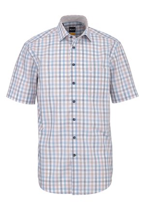 Kurzärmliges Hemd mit Knöpfen und einem karierter Muster in Hellblau, Grau und Beige sowie einer Brusttasche vorne.