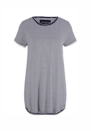 Tengerészkék és fehér csíkos, rövid ujjú póló, lekerekített alsó széllel és kontrasztos nyakkivágással, valamint ujjak széleivel. Puha anyagból készült.