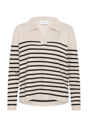 Bežova dolga majica z dolgimi rokavi in V-izrezom, s črnimi vodoravnimi črtami, ki ima ovratnik in sproščen kroj. Mehka tekstura z bočnimi razpokanji.