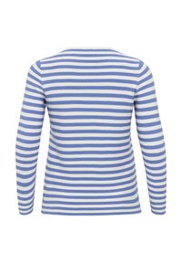 Long-sleeve top with a round neck, featuring vertical blue and white stripes, made from a textured fabric. Back view shown.