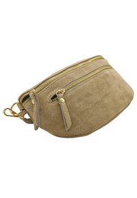 Sac bandoulière en suède marron avec quincaillerie dorée, comprenant deux poches zippées et une petite sangle latérale pour attache. Texture lisse, forme incurvée.