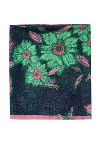 Foulard floral avec des fleurs vertes et des accents roses sur un fond sombre. Tissu doux avec une apparence texturée et une bordure rose.