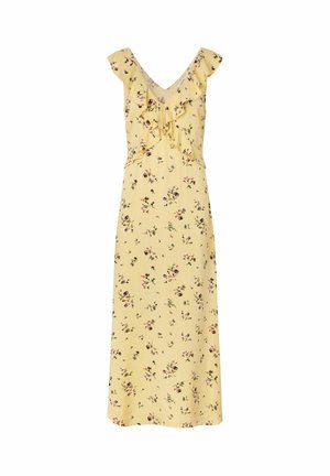 Abito midi giallo senza maniche con piccola stampa floreale, scollo a V arricciato e dettagli sulle spalle.