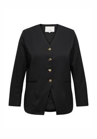 Čierne sako s výstrihom do V, s piatimi zlatými dekoratívnymi gombíkmi, dvoma prednými vreckami a na mieru strihanými dlhými rukávmi. Hladká textúra látky.