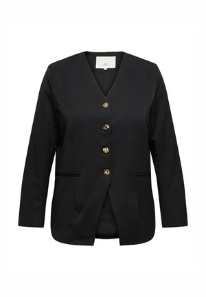 Czarna marynarka o dekolcie w serek, z pięcioma złotymi ozdobnymi guzikami, dwoma przednimi kieszeniami i dopasowanymi długimi rękawami. Gładka faktura materiału.