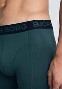 Sötétzöld boxer alsónadrág fekete elasztikus derékpánttal, amelyen zöld betűkkel van írva: "BJÖRN BORG". Sima textúra és karcsú fazon.