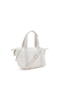 Borsa morbida in tessuto bianco con motivo floreale, doppie maniglie corte e tracolla regolabile; presenta cerniere e dettagli di cucitura delicati.