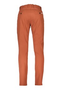 Pantalon droit couleur rouille avec passants de ceinture et deux poches arrière, vu de dos sur fond blanc uni.