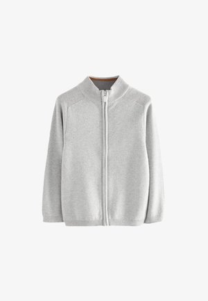 Siva zip-up jakna iz softverskega traku. Ima visok ovratnik, raglan rokave ter rebraste manšete in rob. Gladka tekstura.