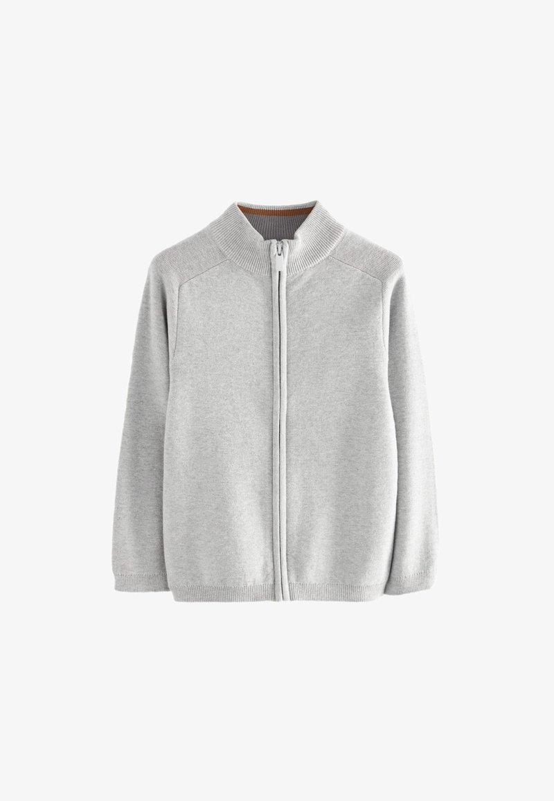 Grau zip-up Jacke aus weichem Strickstoff. Verfügt über einen hohen Kragen, Raglanärmel und gerippte Bündchen sowie Saum. Glatte Textur.
